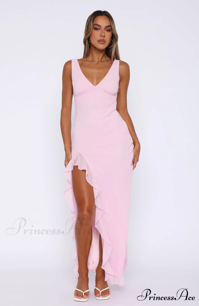 Bianca Slit Stylish Maxi Ruffled Dress Pink / M