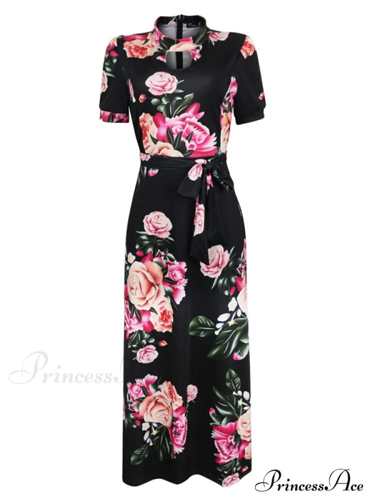 Big Gown Flowered with Full-Length Long Design Swing M / BLACK