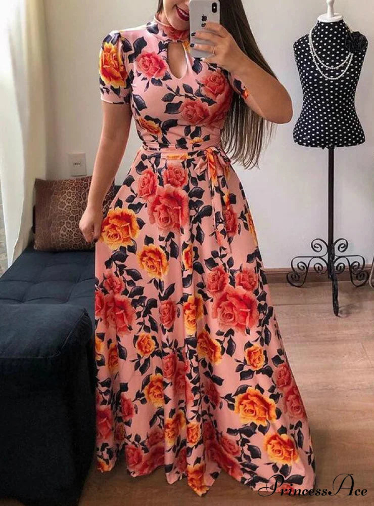 Big Gown Flowered with Full-Length Long Design Swing S / ORANGE