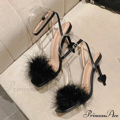 Big Size 42 Sexy Ankle Strap High Heels Fluffy Feather Women Sandals Summer Gladiator Square Toe Party Dress Shoes