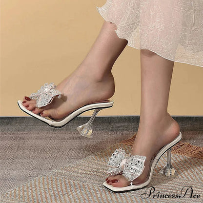 Big Size Women’s Clear High Heel Sandals with Crystal Bowknot Square Toe