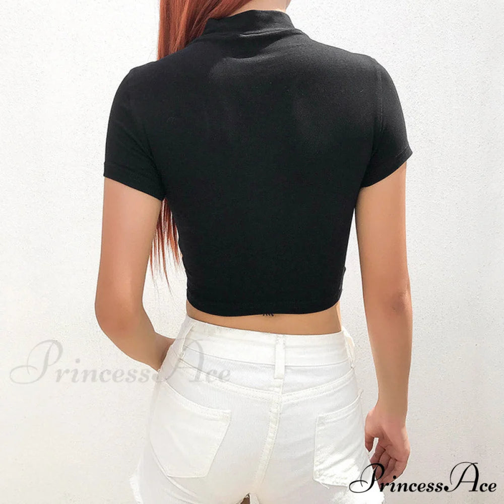 Biker High Neck Zip Front Long Sleeve Vibrant Cutout Mesh Buckled Crop Top - Black L / Black