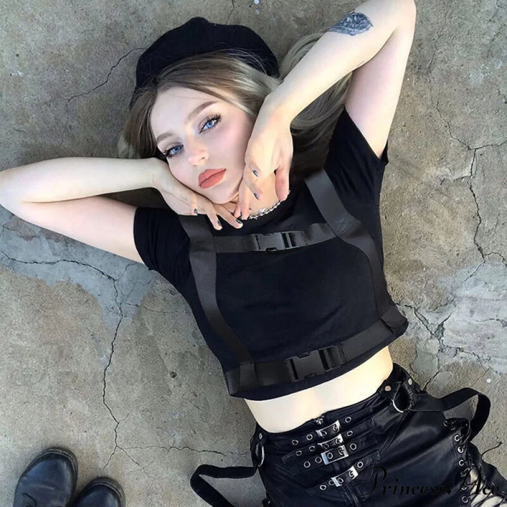 Biker High Neck Zip Front Long Sleeve Vibrant Cutout Mesh Buckled Crop Top - Black M / Black