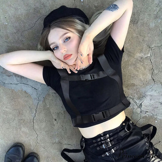 Biker High Neck Zip Front Long Sleeve Vibrant Cutout Mesh Buckled Crop Top - Black M / Black