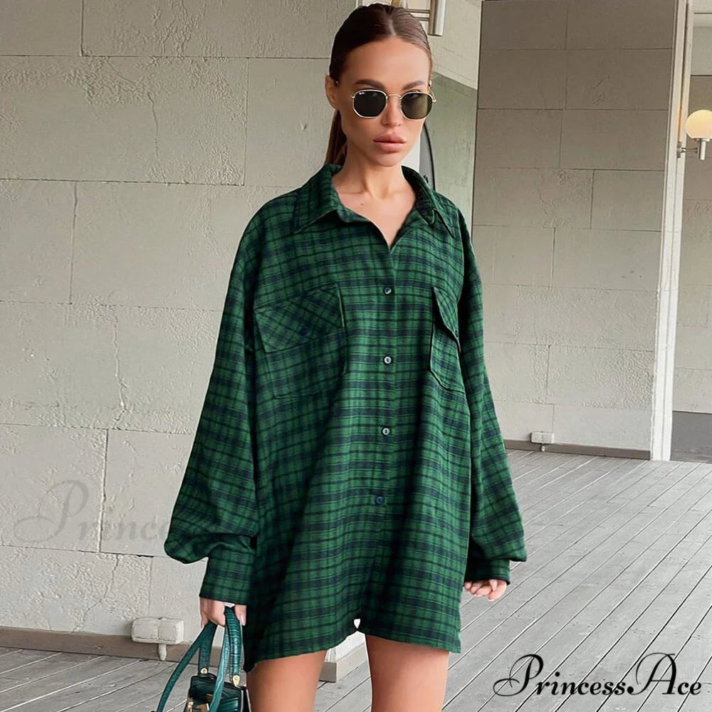 Bishop Sleeve Pointed Trendy Collar Shirt - Brown M / Emerald Green