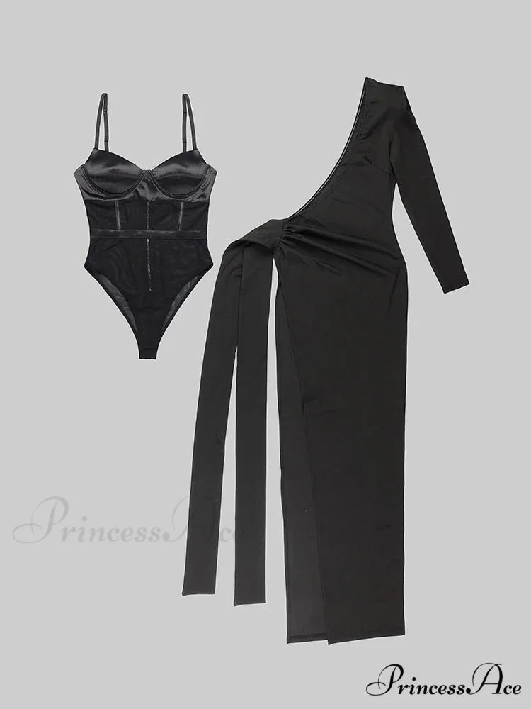 Black 2 Piece Set Sexy One Shoulder Long Ruched Elegant Christmas Party Dress