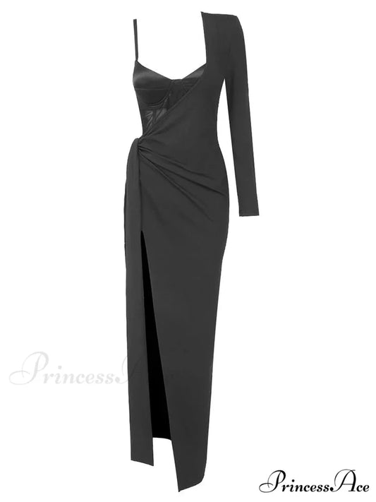 Black 2 Piece Set Sexy One Shoulder Long Ruched Elegant Christmas Party Dress Black / S