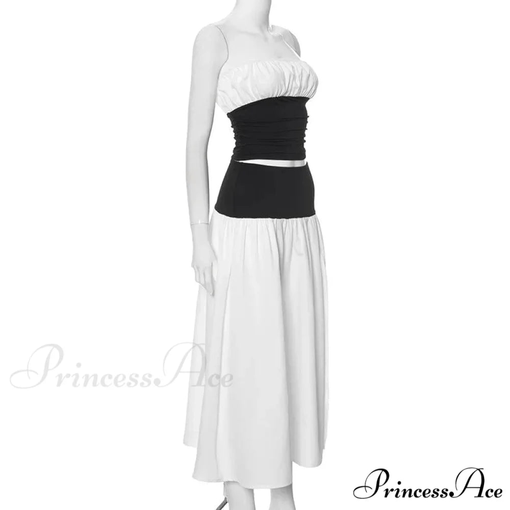 Black and White Patchwork Tube Trendy Top And Slit Long Skirt Set