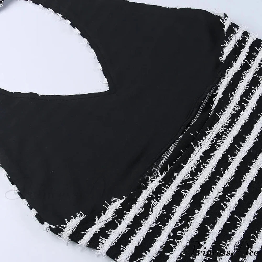 Black and White Striped Knitted Vacation Deep V Halter Bodycon Dress