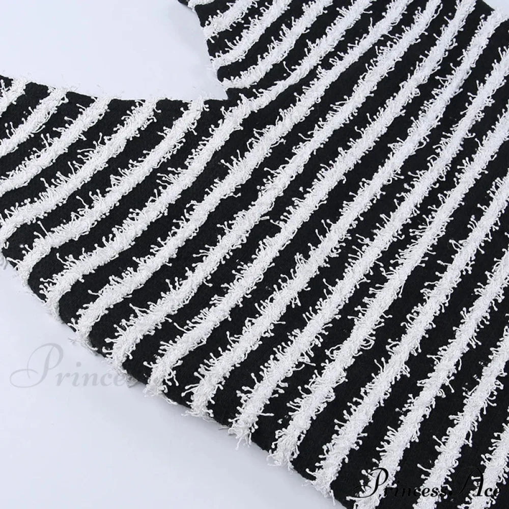 Black and White Striped Knitted Vacation Deep V Halter Bodycon Dress