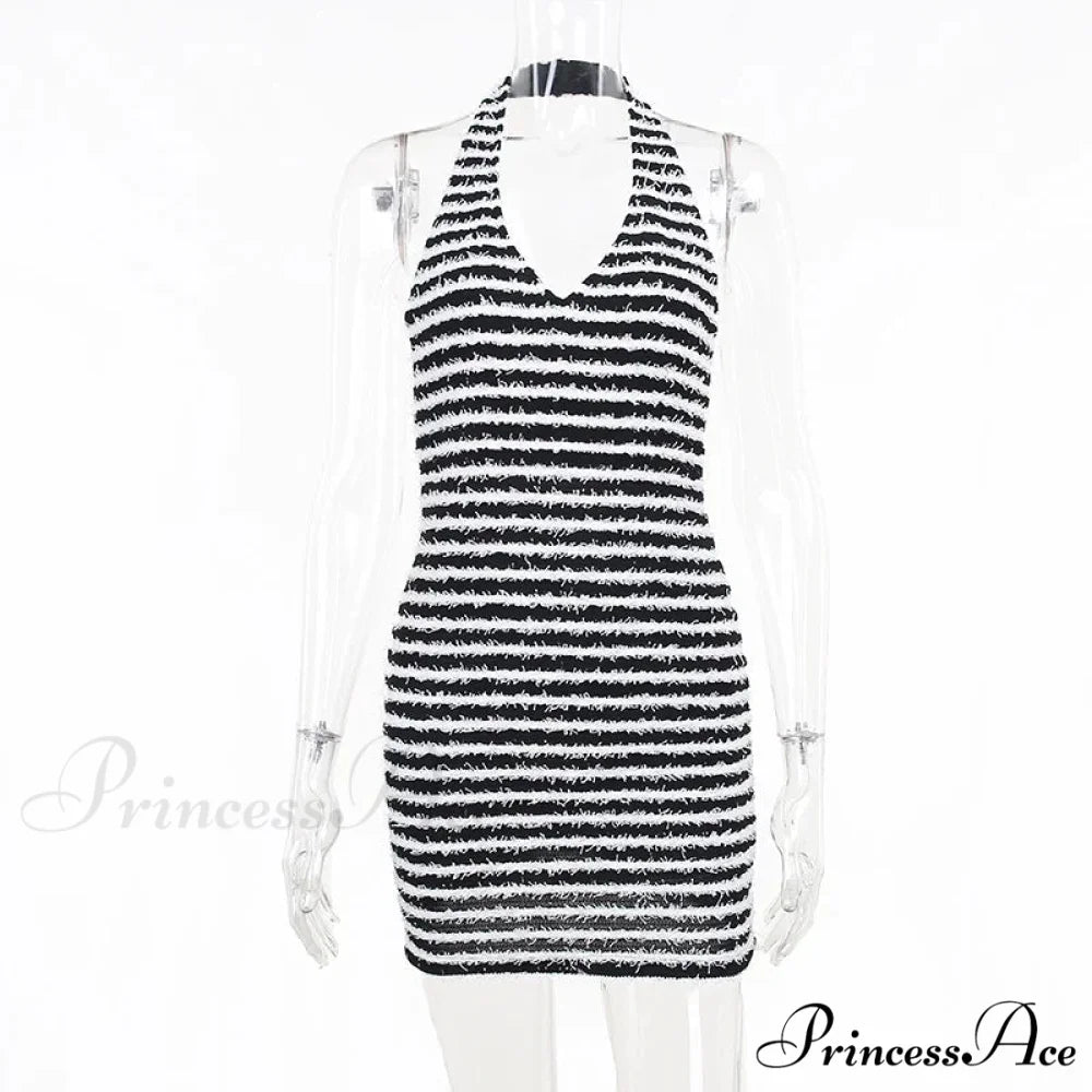 Black and White Striped Knitted Vacation Deep V Halter Bodycon Dress MULTI / S