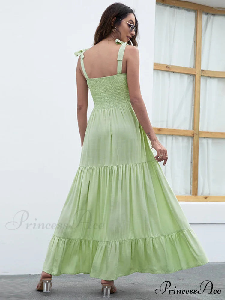 Black Backless Ruffle Trim Dress with Tie S / Green
