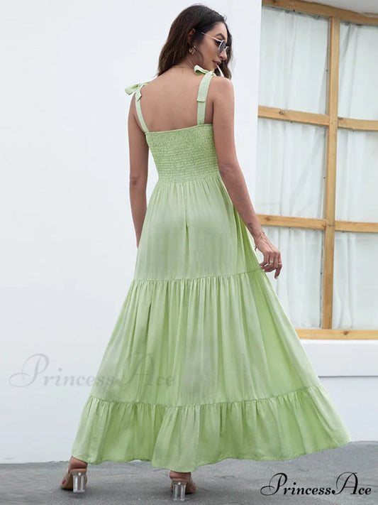 Black Backless Ruffle Trim Dress with Tie S / Green