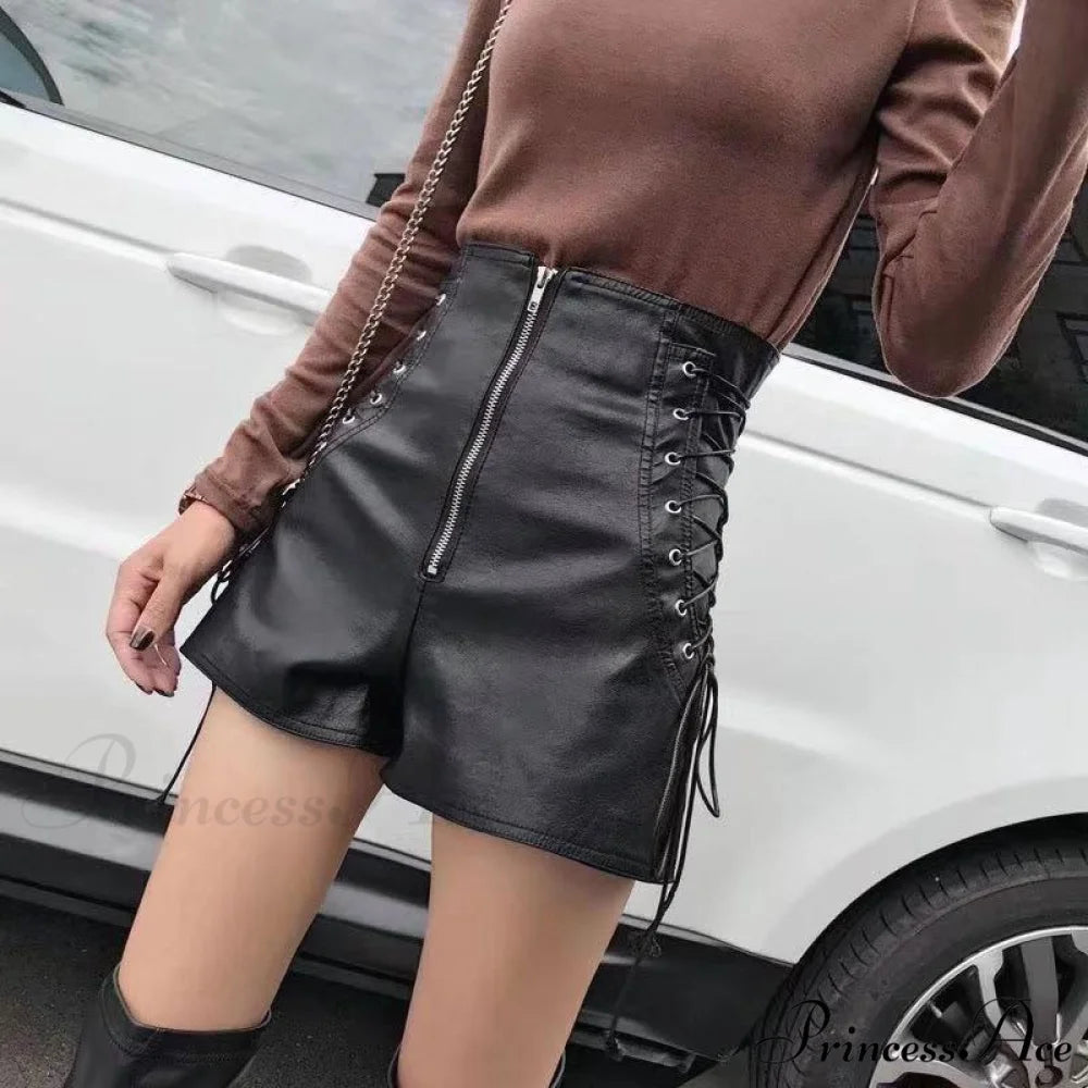 Black Bandage Pu Leather Shorts zipper / S
