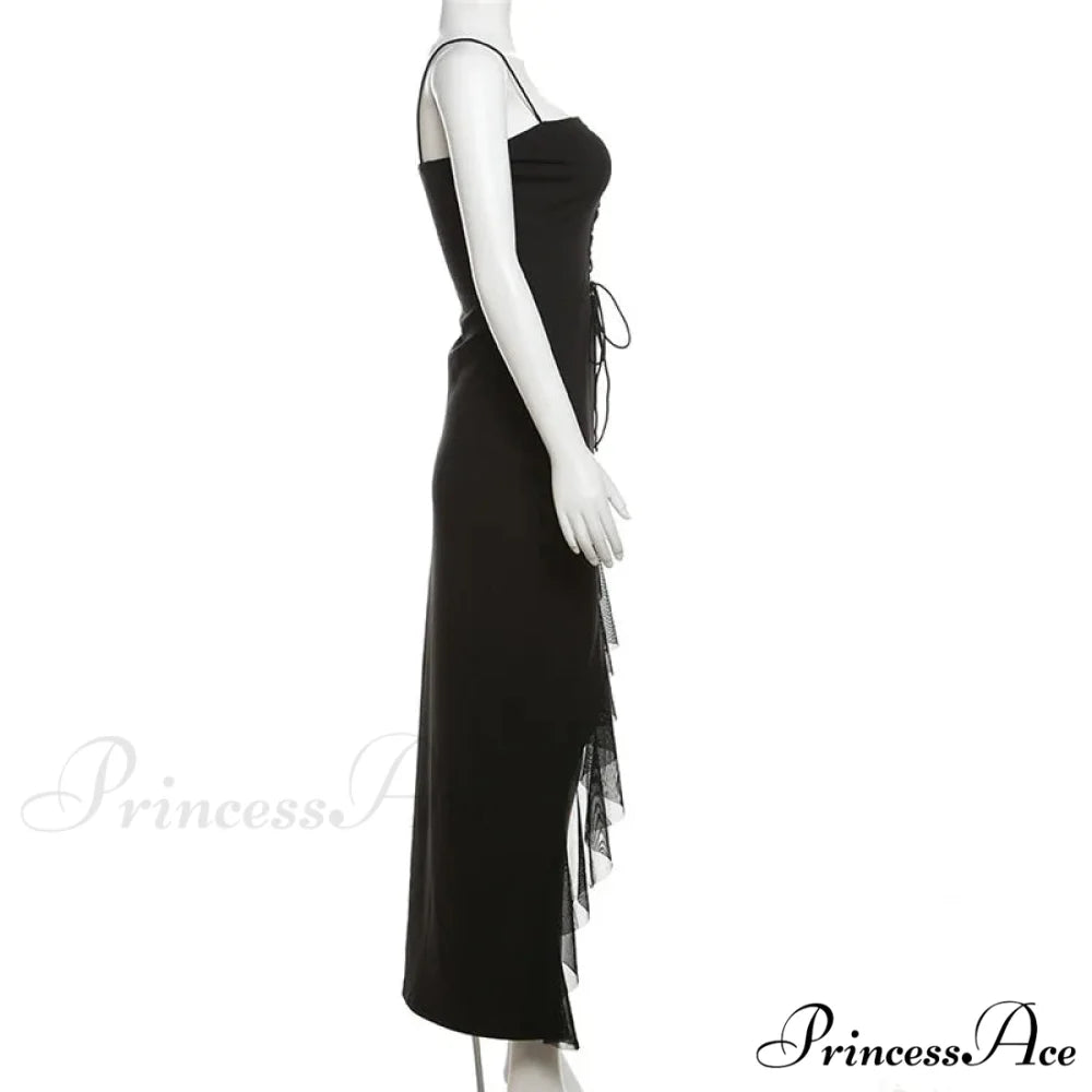 Black Bandage Ruffled Hem 2024 New Women Lace Up Side Split Slim Chic Sleeveless Clubwear Cut Out Dress