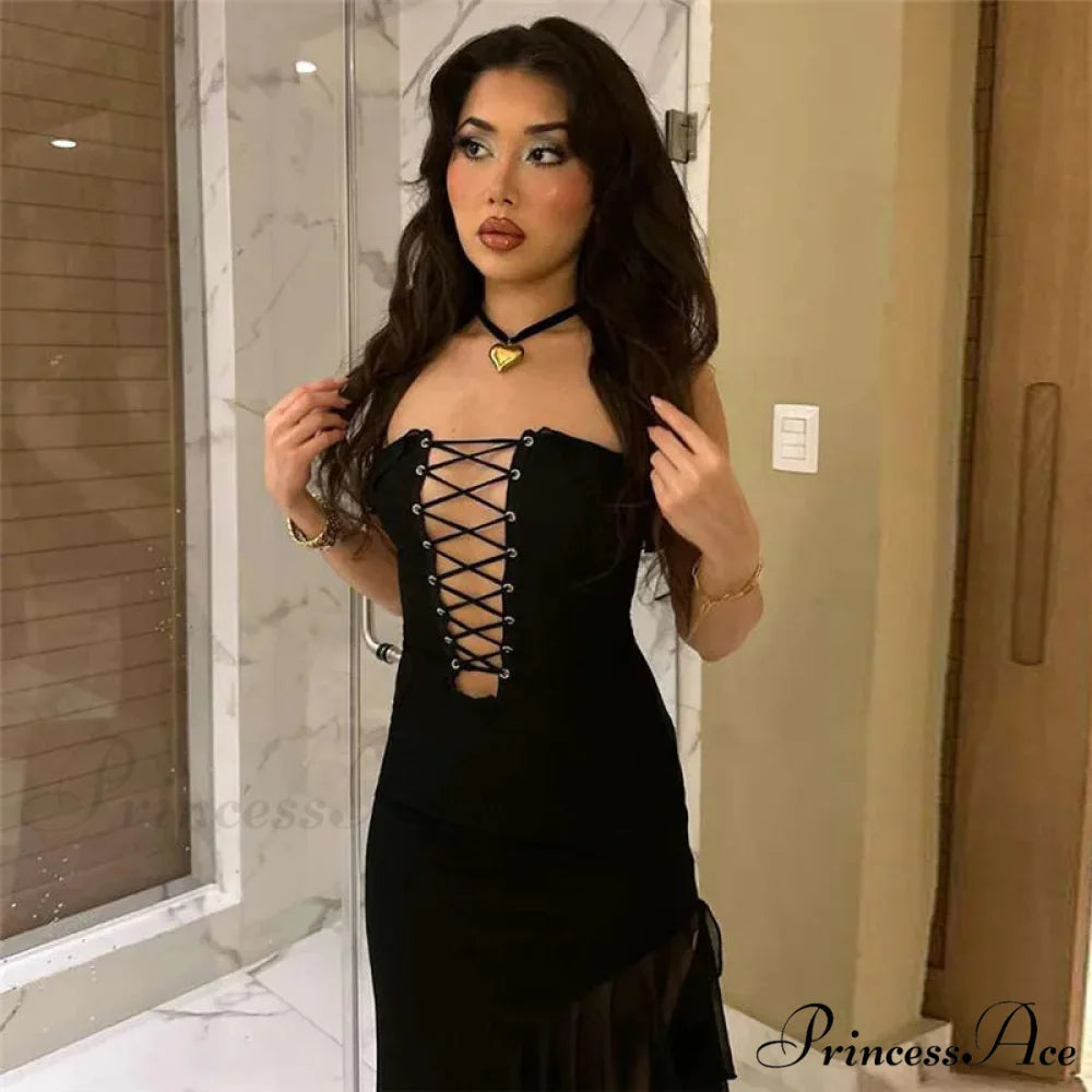 Black Bandage Ruffled Hem 2024 New Women Lace Up Side Split Slim Chic Sleeveless Clubwear Cut Out Dress