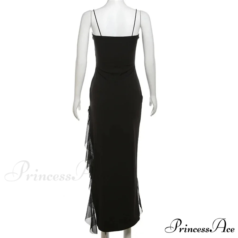 Black Bandage Ruffled Hem 2024 New Women Lace Up Side Split Slim Chic Sleeveless Clubwear Cut Out Dress