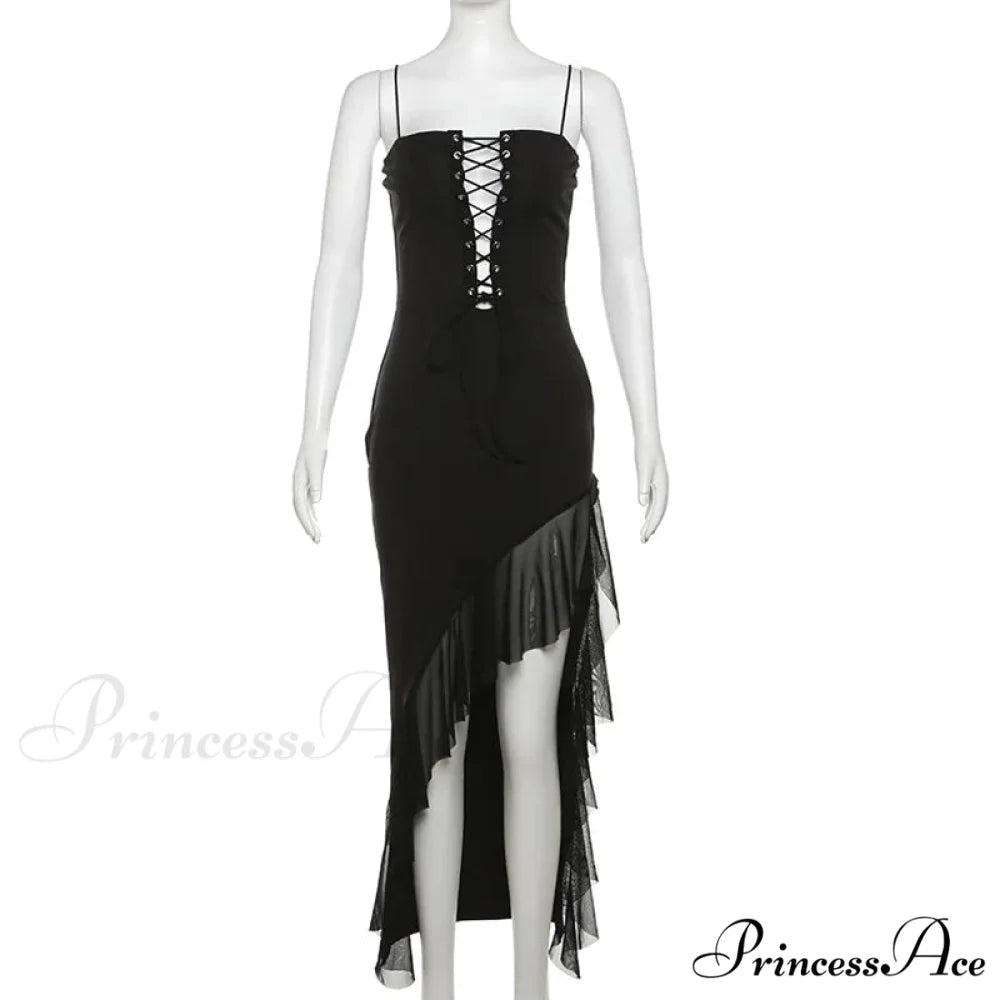 Black Bandage Ruffled Hem 2024 New Women Lace Up Side Split Slim Chic Sleeveless Clubwear Cut Out Dress