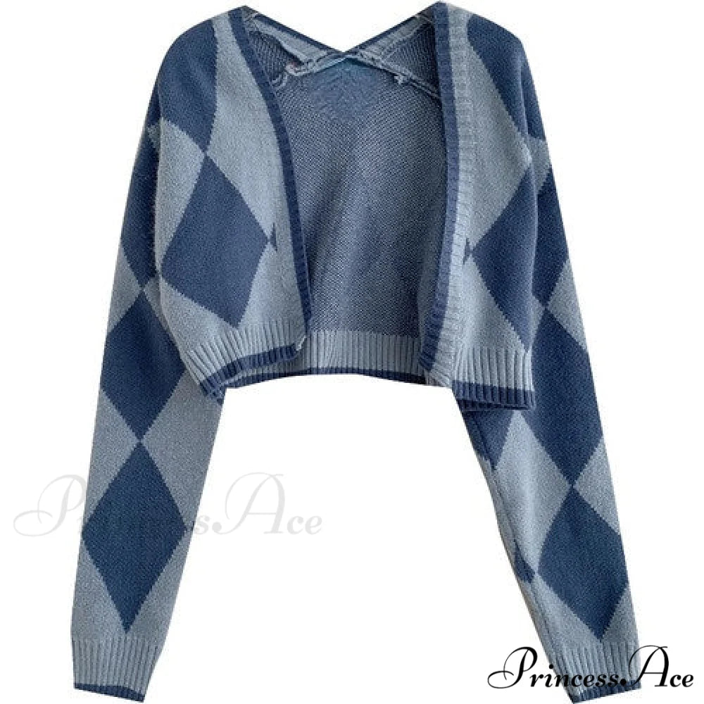 Black Blue Daily Plaid Knitwear Cardigan blue / One Size