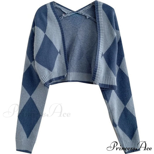 Black Blue Daily Plaid Knitwear Cardigan blue / One Size