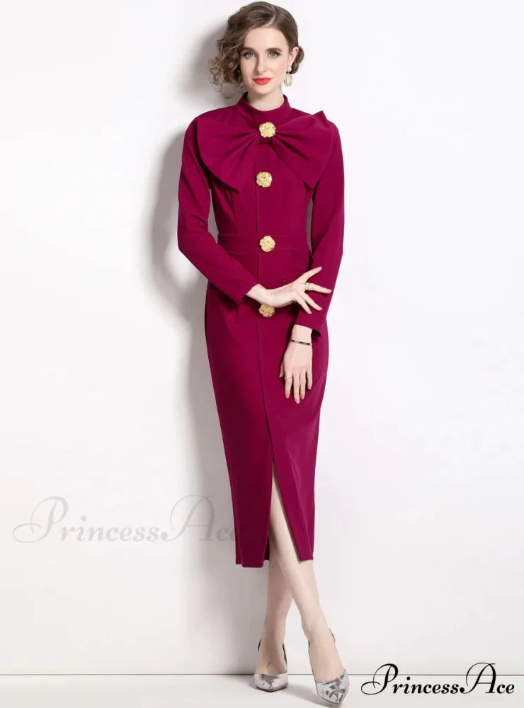 BLACK BOW SLIM LONG SLEEVE DRESS L / BLACL