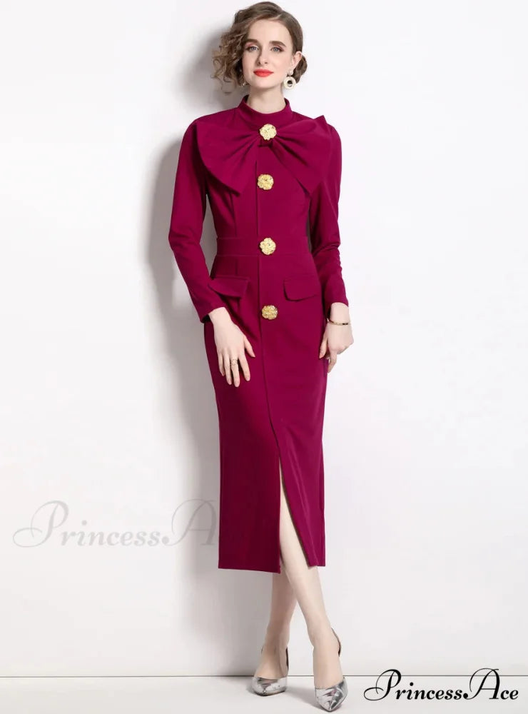 BLACK BOW SLIM LONG SLEEVE DRESS L / GREEN