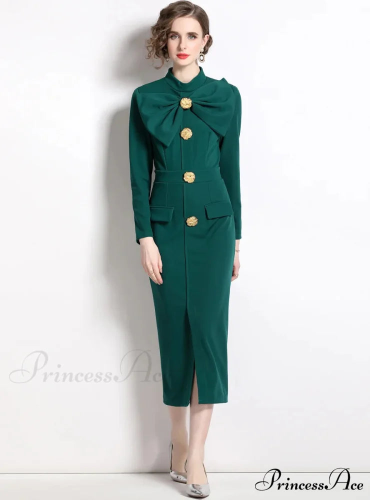 BLACK BOW SLIM LONG SLEEVE DRESS M / BLACL