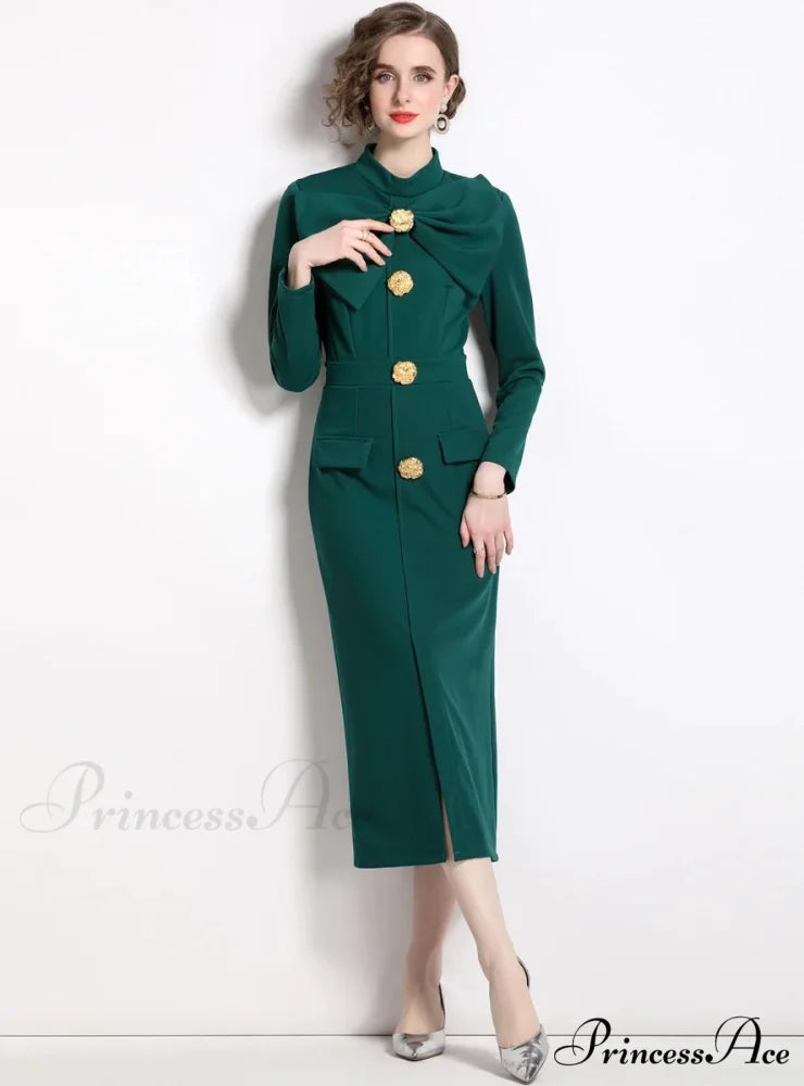 BLACK BOW SLIM LONG SLEEVE DRESS M / GREEN
