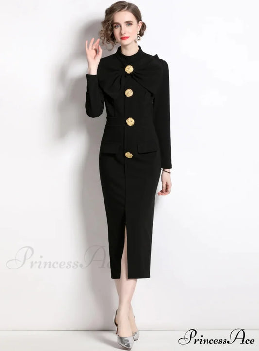 BLACK BOW SLIM LONG SLEEVE DRESS S / BLACL