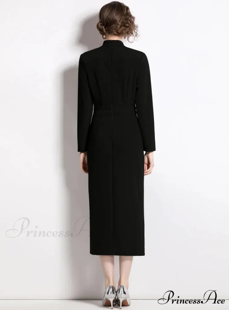 BLACK BOW SLIM LONG SLEEVE DRESS S / BURGUNDY