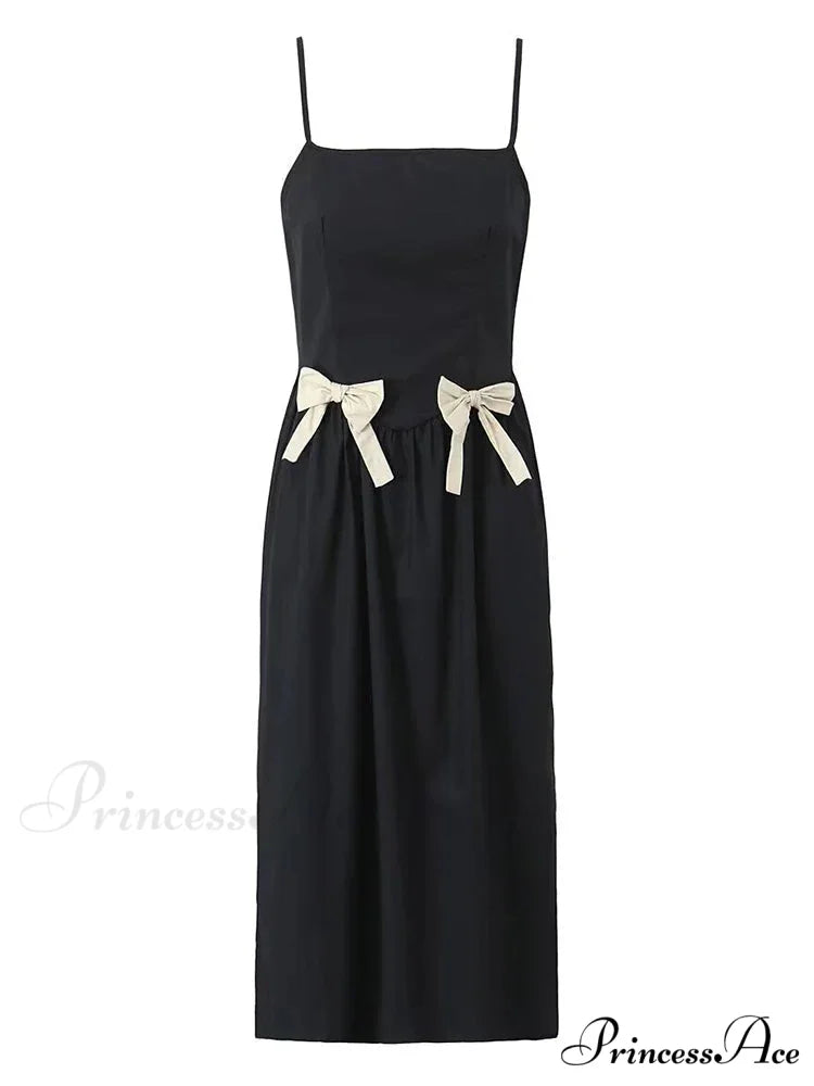 Black Bow Solid Charming Strap Midi Dress Black / S