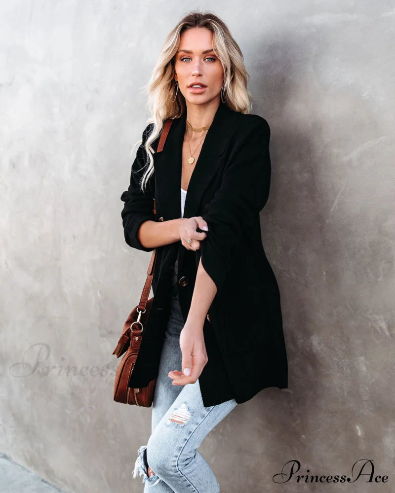 Black Business Casual Pocketed Knit Blazer