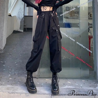 Black Cargo Pants Women Streetwear Gothic High Waist Techwear Pants Regular / Chinese Size S
