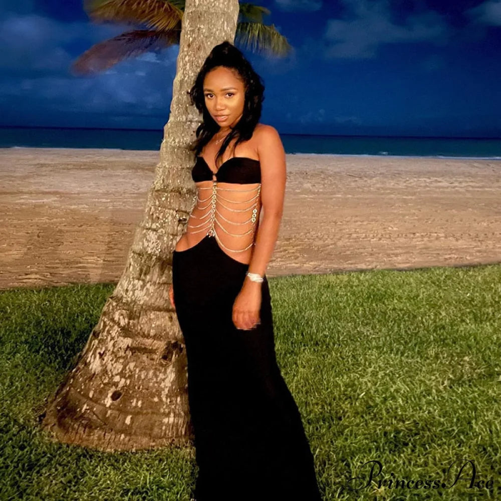 Black Chain Link Charming Bandeau Midi Dress