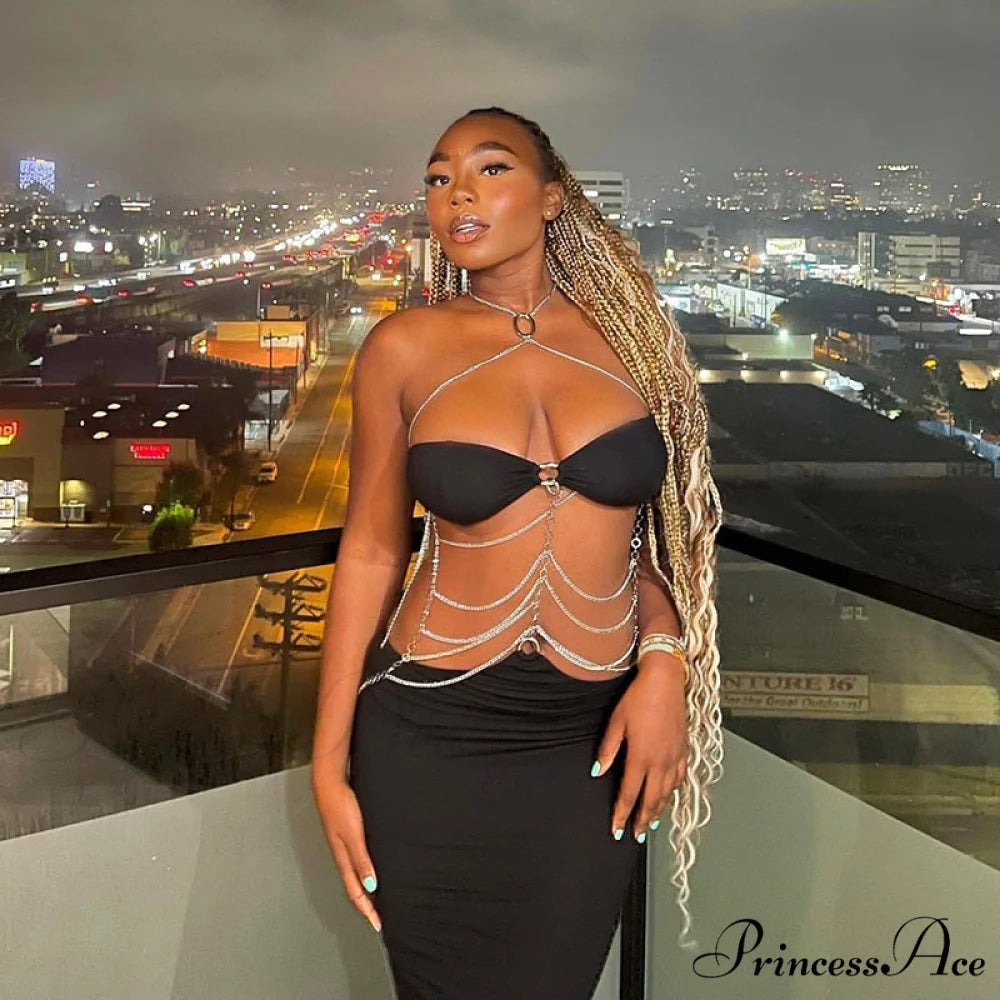 Black Chain Link Charming Bandeau Midi Dress