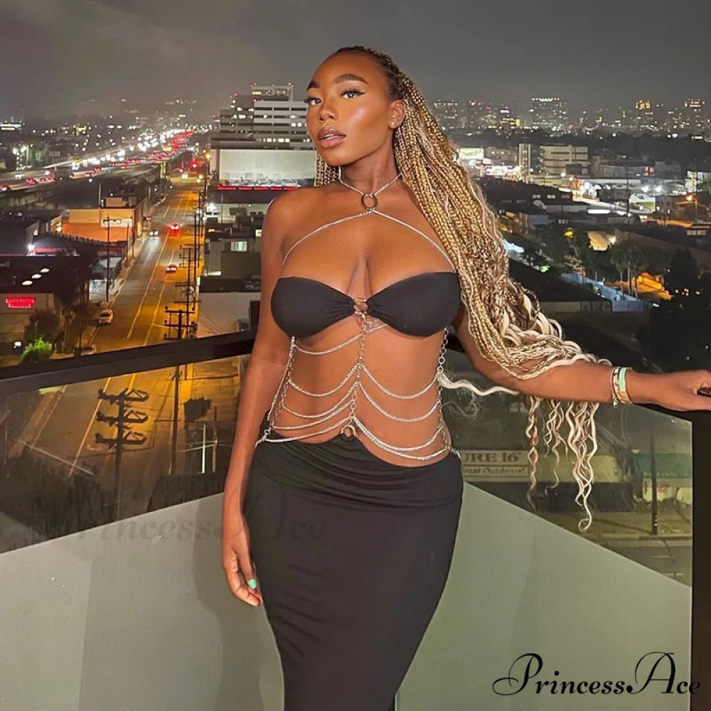 Black Chain Link Charming Bandeau Midi Dress