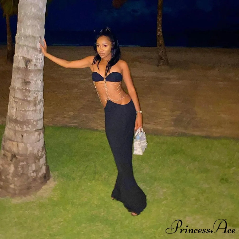 Black Chain Link Charming Bandeau Midi Dress