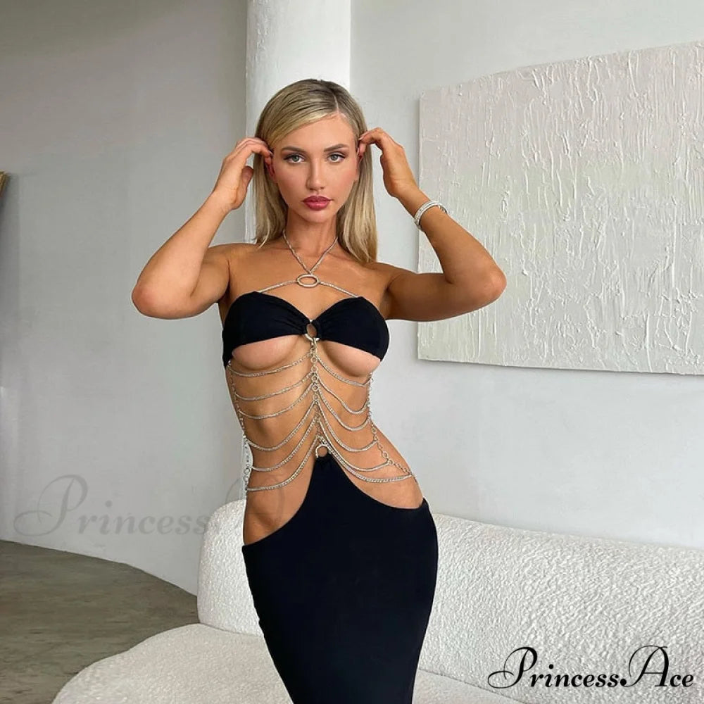 Black Chain Link Charming Bandeau Midi Dress black / M