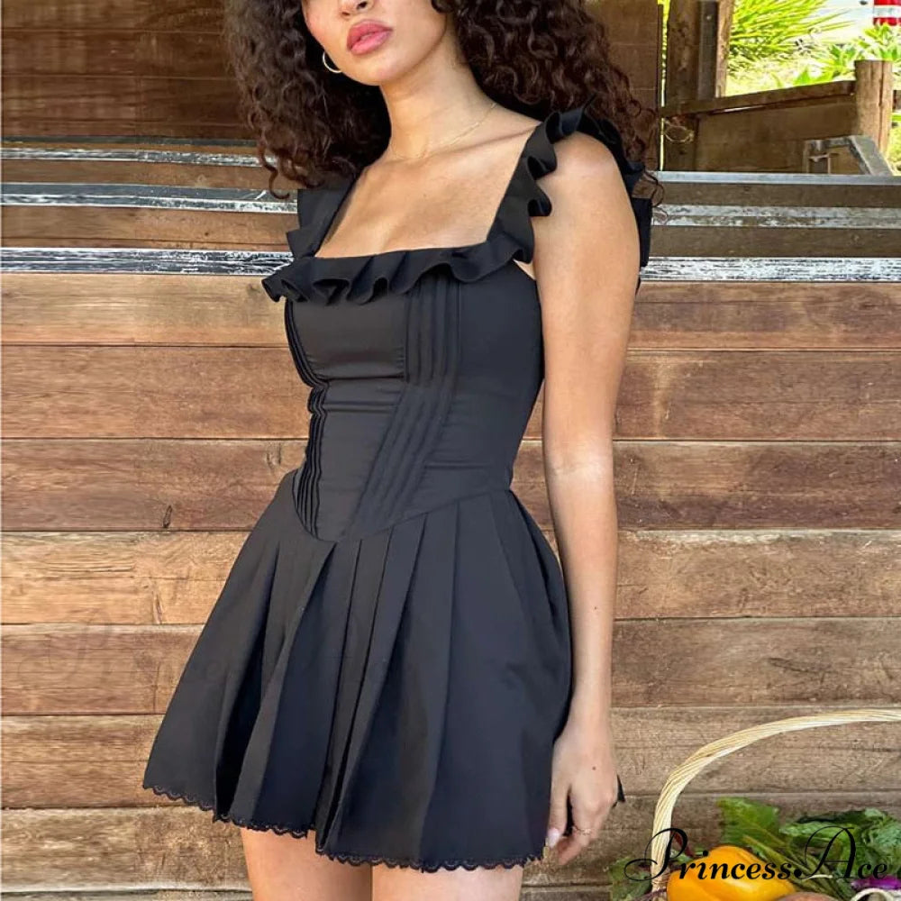 Black Corset Square Neck Graceful Frill Strap Mini Dress