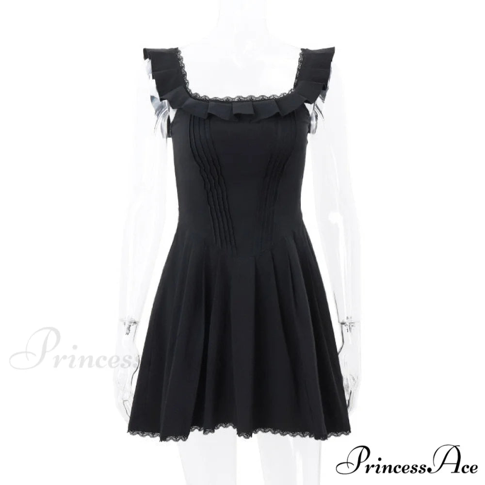 Black Corset Square Neck Graceful Frill Strap Mini Dress