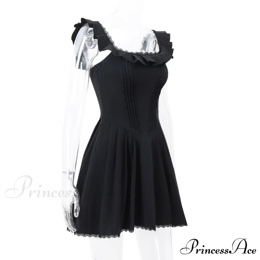 Black Corset Square Neck Graceful Frill Strap Mini Dress