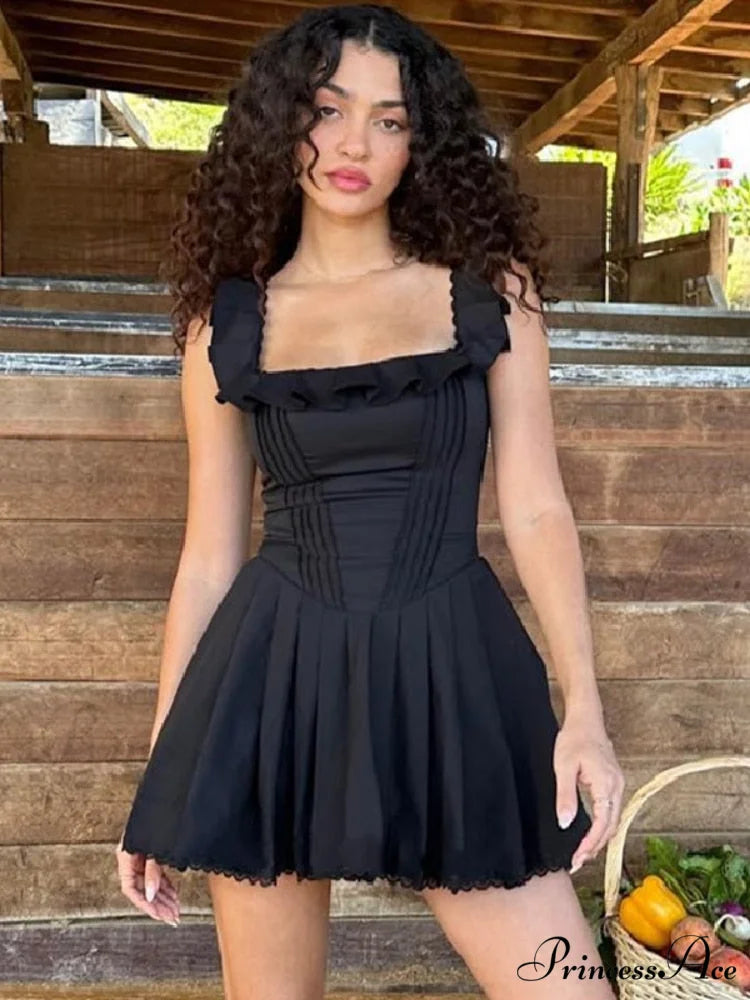 Black Corset Square Neck Graceful Frill Strap Mini Dress Black / S