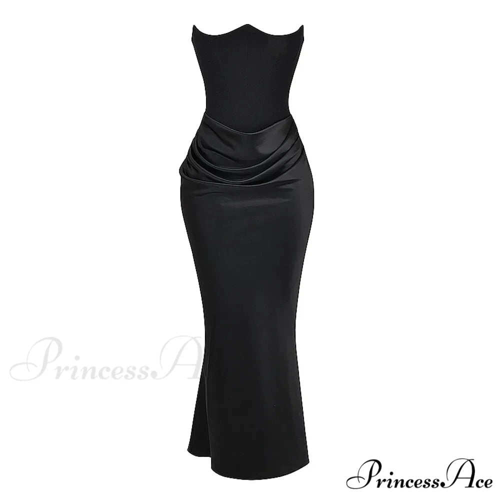 Black Corset Tube Charming Satin Maxi Dress Black / S