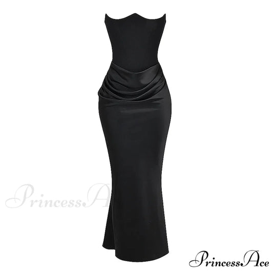 Black Corset Tube Charming Satin Maxi Dress Black / S