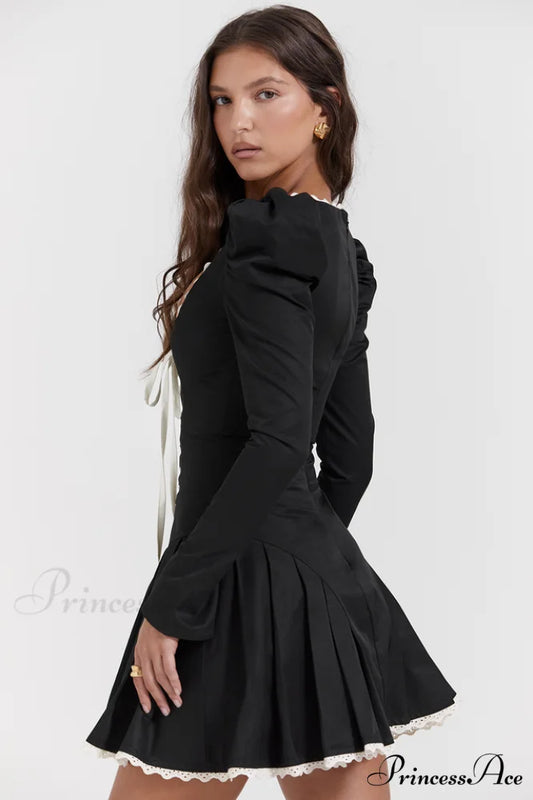 Black & Cream Charming Pleated Mini Dress