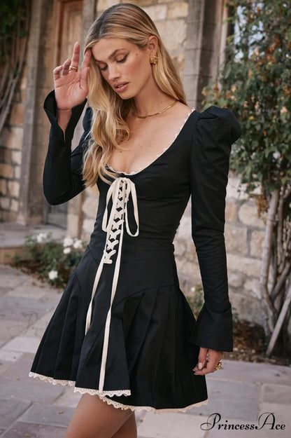 Black & Cream Charming Pleated Mini Dress