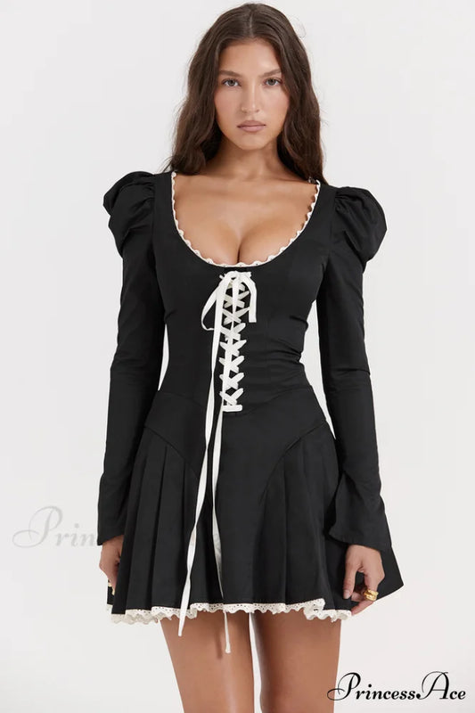 Black & Cream Charming Pleated Mini Dress XS / Black