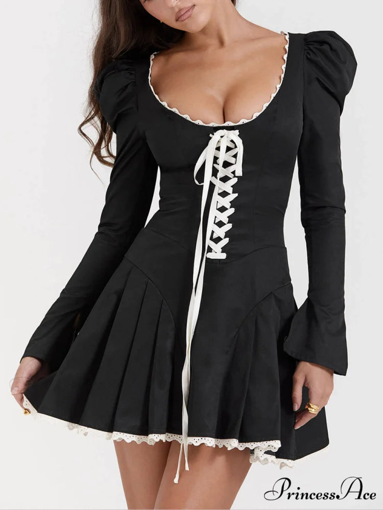 Black&Cream Pleated Stylish Mini Dress Black / S