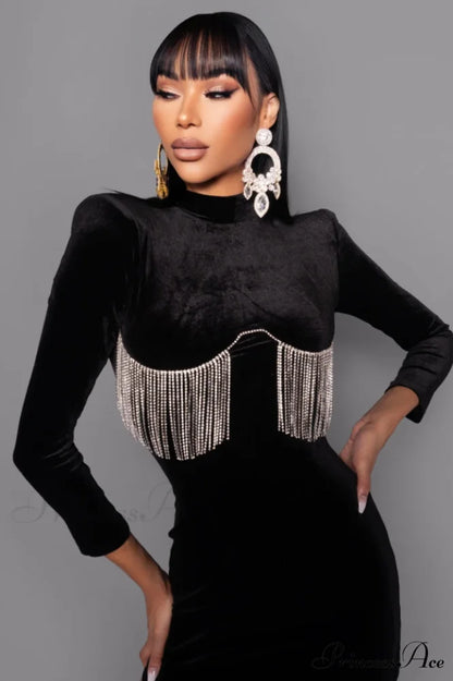 Black Crystal Fringe Charming Velvet Mini Dress