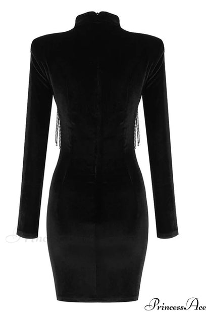 Black Crystal Fringe Charming Velvet Mini Dress
